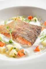 Trout Fillet in Cream Sauce with Vegetable Stew Isolated