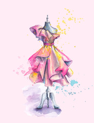 Fototapeta premium Beautiful Dress with Folds on Mannequin. Hand Painted Watercolor Fashion Illustration. Sweet Sketch. Dummy, Beauty, Style and Sewing Concept. Women's Day Card