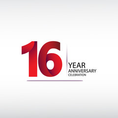 16 years anniversary celebration logotype. anniversary logo with red, vector design for celebration, invitation card, and greeting card