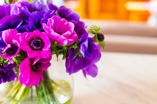 Bouquet Of Pink And Purple Flowers In Glass Vase