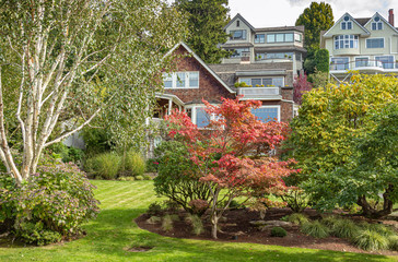 Fototapeta na wymiar Colorful lawn and garden in a Seattle neighborhood.