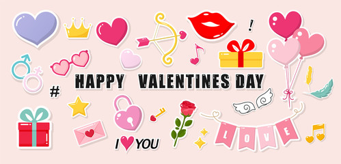 Set of sticker with gift box,rose,flag,key,balloon,lips,archer,glasses,star, crown,wing,note song,sparks, feather and love letters. Cartoon style. Design element for decoration Valentines day. Vector.
