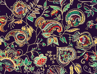 Decorative seamless floral pattern for fabric, tapestry, wallpaper and backgrounds in the style of a traditional oriental paisley pattern.