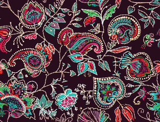 Decorative seamless floral pattern for fabric, tapestry, wallpaper and backgrounds in the style of a traditional oriental paisley pattern.