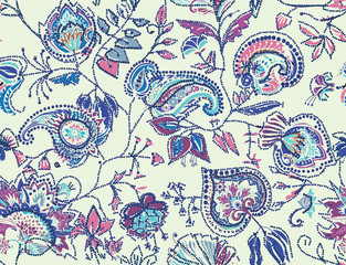 Decorative seamless floral pattern for fabric, tapestry, wallpaper and backgrounds in the style of a traditional oriental paisley pattern.