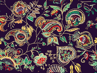 Decorative seamless floral pattern for fabric, tapestry, wallpaper and backgrounds in the style of a traditional oriental paisley pattern.