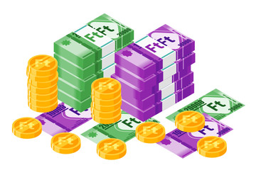 Bundle of Hungarian Forint banknotes money and gold coin vector isometric design. Hungary currency, business, finance and Payment element. Can be used for web, mobile, infographic, & print.