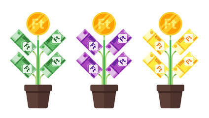 Hungarian Forint Money Tree Plant grow vector icon logo illustration design. Hungary currency, economy,  finance, and business element. Can be used for web, mobile, infographic and print.