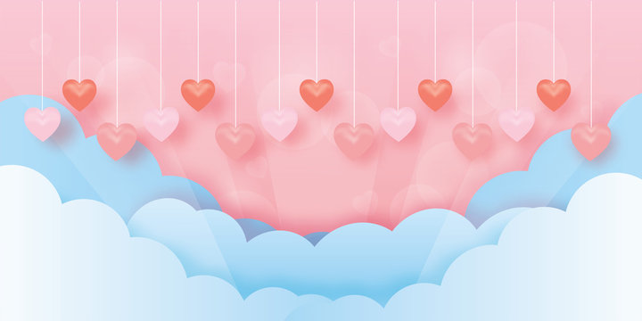 Valentine with 3D Hearts and cute cupid in pink background. vector illustration