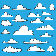 hand drawn Cloud collection. Abstract white cloudy set isolated on blue background. Vector illustration.doodle