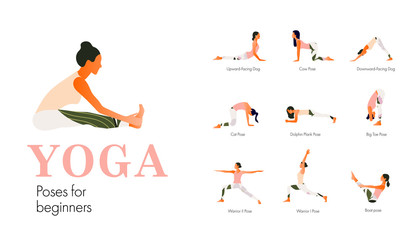 A set of yoga postures female figures for beginners. Woman figures exercise in printed sportswear. Vector Illustration, flat style. - obrazy, fototapety, plakaty