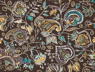 Decorative seamless floral pattern for fabric, tapestry, wallpaper and backgrounds in the style of a traditional oriental paisley pattern.