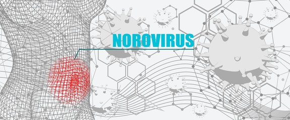 Norovirus text. Wire frame silhouette of woman suffering from disease. Connected lines with dots.