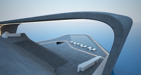 Abstract architectural concrete interior of a modern villa on the sea with swimming pool and neon lighting. 3D illustration and rendering.