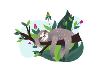 Cute lazy sloth sleeping on a branch of the tropical tree. Cartoon style, vector illustration. Slow down quote lettering. © Asya