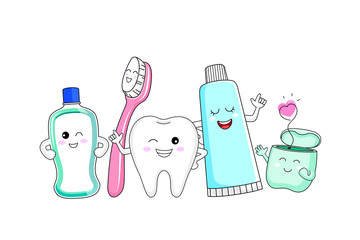 Cute cartoon tooth character with mouthwash, toothbrush, toothpaste and dental floss. Dental care concept. Vector illustration isolated on white background.