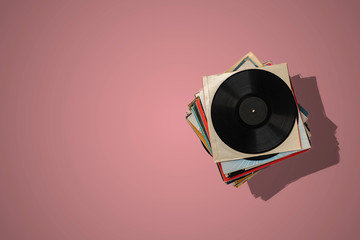 a stack of old vinyl discs, abstract retro music collection from the 80s, disco jazz blues sounds
