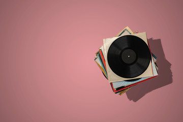 a stack of old vinyl discs, abstract retro music collection from the 80s, disco jazz blues sounds