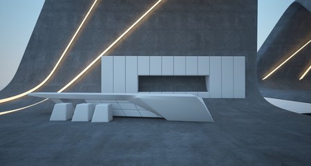 Abstract architectural concrete interior of a modern villa on the sea with swimming pool and neon lighting. 3D illustration and rendering.