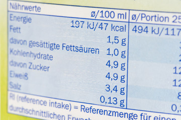 Nahaufnahme einer Nährwerttabelle auf Lebensmittelverpackung 