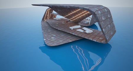 Abstract architectural concrete and rusted metal of a modern villa on the sea with swimming pool and neon lighting. 3D illustration and rendering.