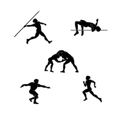  Vector illustrations on the theme of the Tokyo Summer Olympics in 2020. On a white background black figures of pentathletes. Running, jumping, wrestling, discus and spear. For posters, posters, etc. 