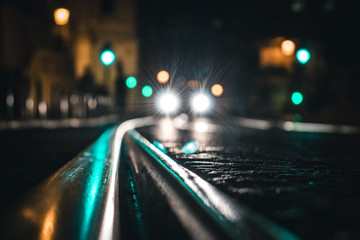 Tram Line And Car Lights
