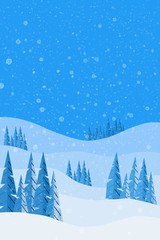 Winter landscape illustration with fir trees and snowflakes. Christmas and New Year illustration.