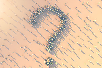 question mark shape of 3d rendering crowd people problem and solution ideas concept with white polygon model standing in questionmark shape area on white floor