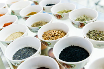 A variety of nuts and seeds of various plants.