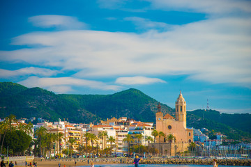 Obraz premium Spanish Beach Resort in Barcelona, Spain. Sitges area is known as a beach resort town.
