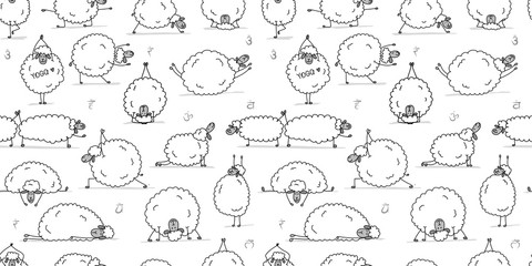 Funny sheep doing yoga, seamless pattern for your design