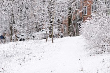 City street in winter after snowfall