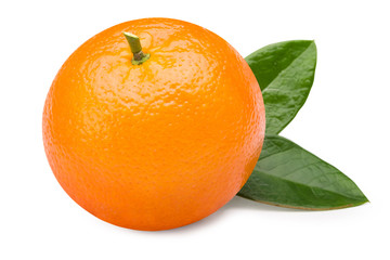 Ripe Orange with leaves isolated on white background. Clipping path.