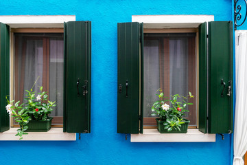 vintage wooden window on blue cement background