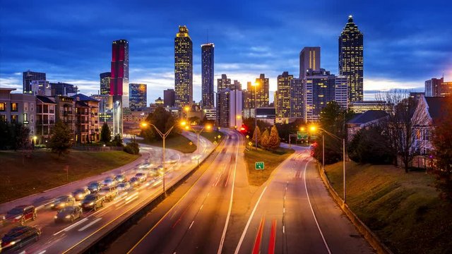 Atlanta, Georgia Downtown City Skyline and Freeway at Rush Hour, Night, Loopable Cinemagraph Timelapse
