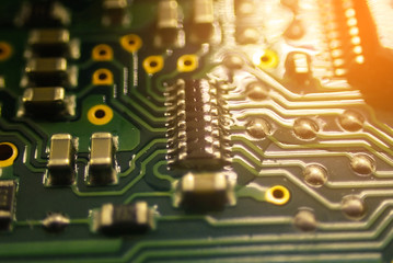 close up of PCB board and electornic part, in concept of technology