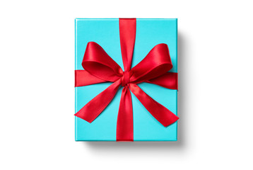 赤いリボンをかけたブルーグリーンのプレゼントボックス