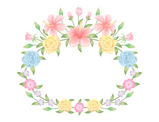 Floral frame colorful and beautiful rose flowers and leaves template decoration.