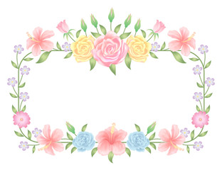 Floral frame colorful and beautiful rose flowers and leaves template decoration.