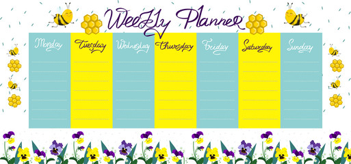 Naklejka premium Weekly planner with bees and flowers. Vector graphics.