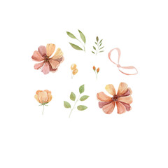 Watercolor set peach flower green leaves orange berries pink bow illustartion isolated on white backgraund