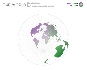 World map with vibrant triangles. Airy's minimum-error azimuthal projection of the world. Purple and green colored polygons. Elegant vector illustration.