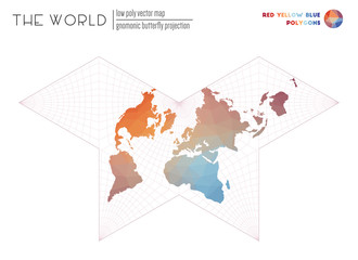 World map with vibrant triangles. Gnomonic butterfly projection of the world. Red Yellow Blue colored polygons. Neat vector illustration.