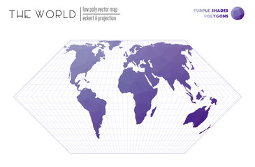 Fototapeta na wymiar Abstract world map. Eckert II projection of the world. Purple Shades colored polygons. Awesome vector illustration.