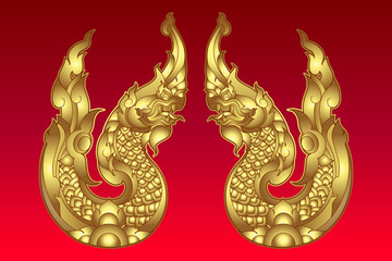 Golden twin Serpent or Naga in buddha religion legend vintage style on red background