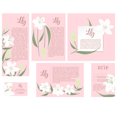 Set of lily  flower invitation cards for wedding, thanks, rsvp, menu, Flowers vector abstract frame on white background