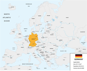 Location of Germany on the European continent with small information box and flag