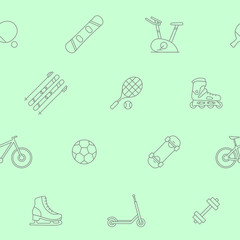 Sport and fitness background - Vector seamless pattern of bicycle, ball, ski, snowboard, skates, scooter, skateboard and etc. for graphic design