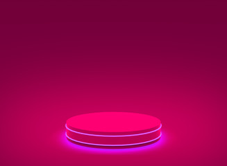 3d shocking pink neon light cylinder podium minimal studio dark background. Abstract 3d geometric shape object illustration render. Display for nightclub party and technology product.